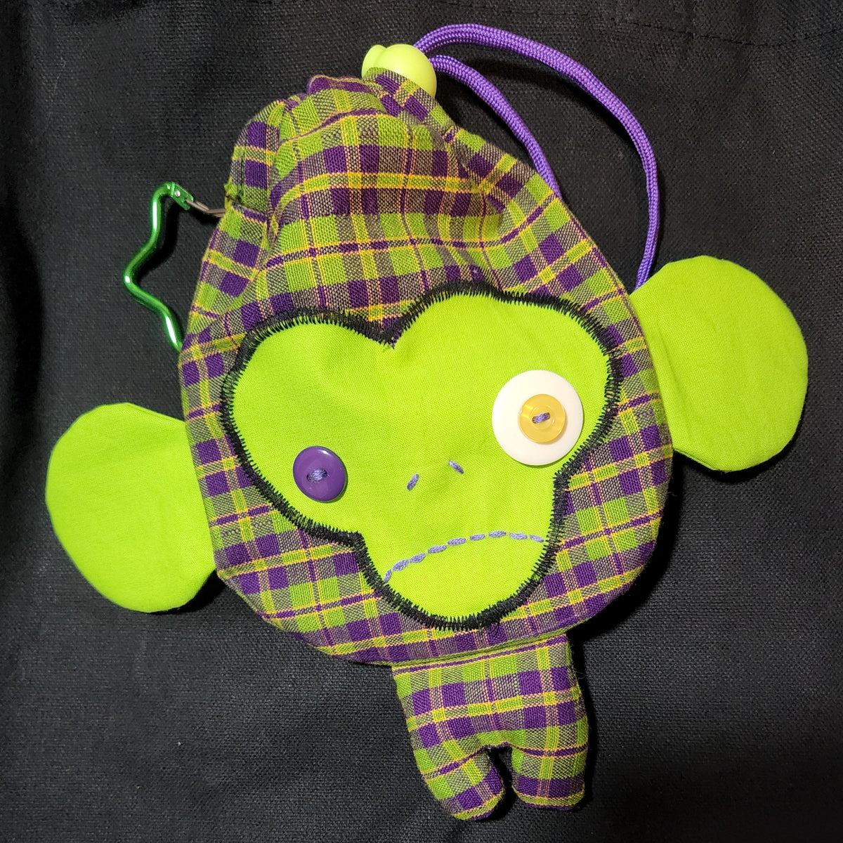 Green Plaid Monkey Drawstring Bag