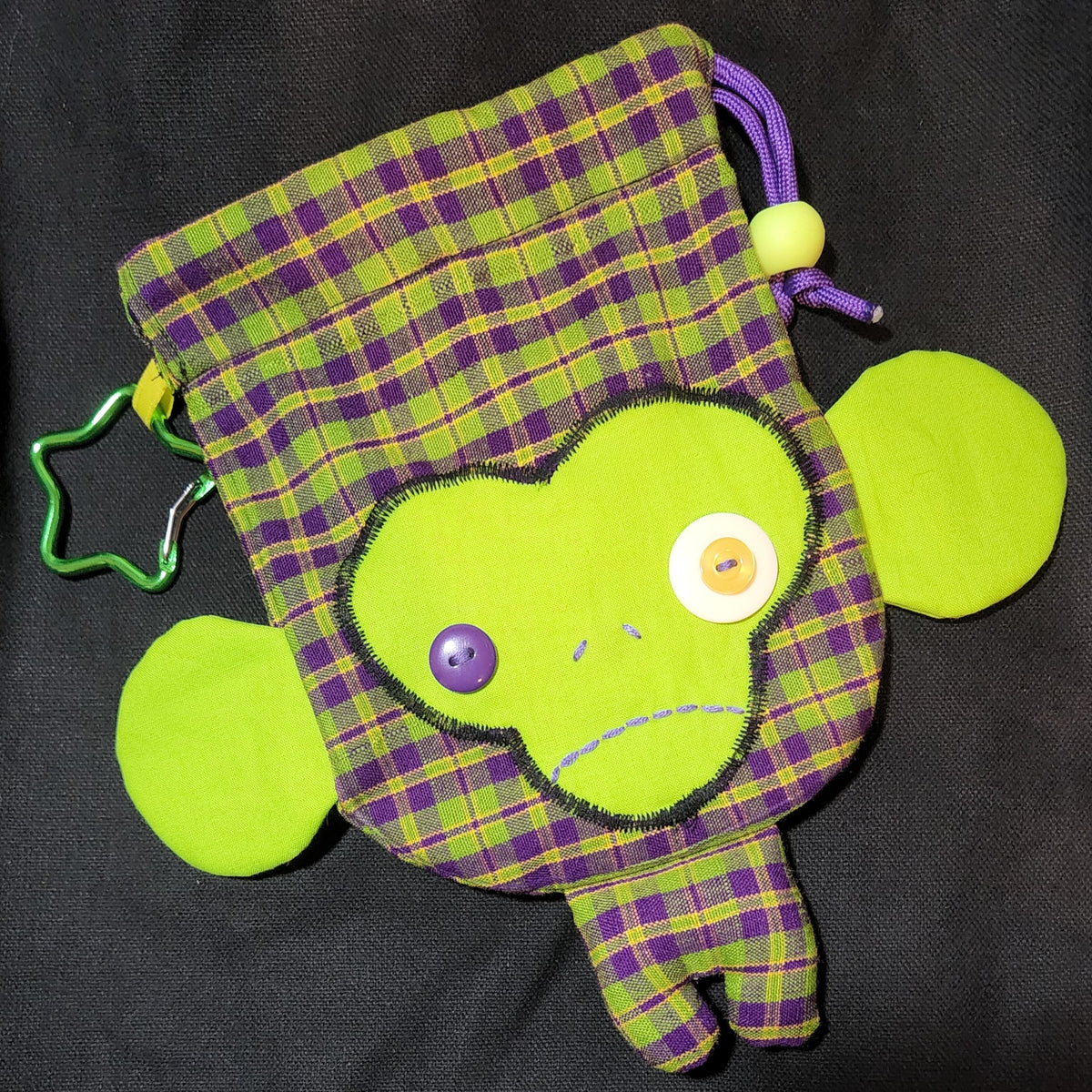 Green Plaid Monkey Drawstring Bag