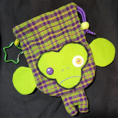 Green Plaid Monkey Drawstring Bag